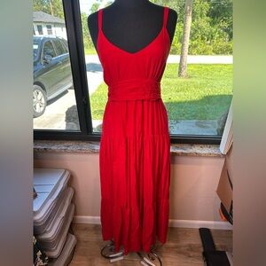 Boston Proper Red Spaghetti Strap Cinched Waist Tiered Dress Size Small